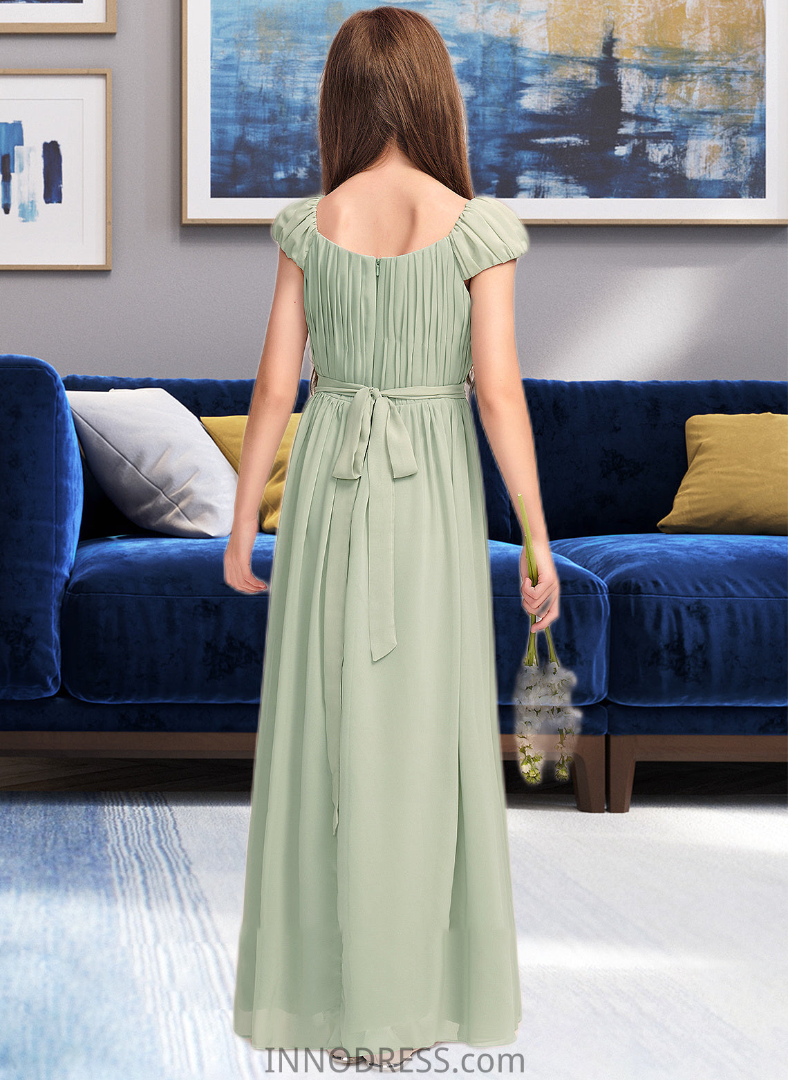 Sahna A-Line Scoop Neck Floor-Length Chiffon Junior Bridesmaid Dress With Ruffle Bow(s) DPP0013474