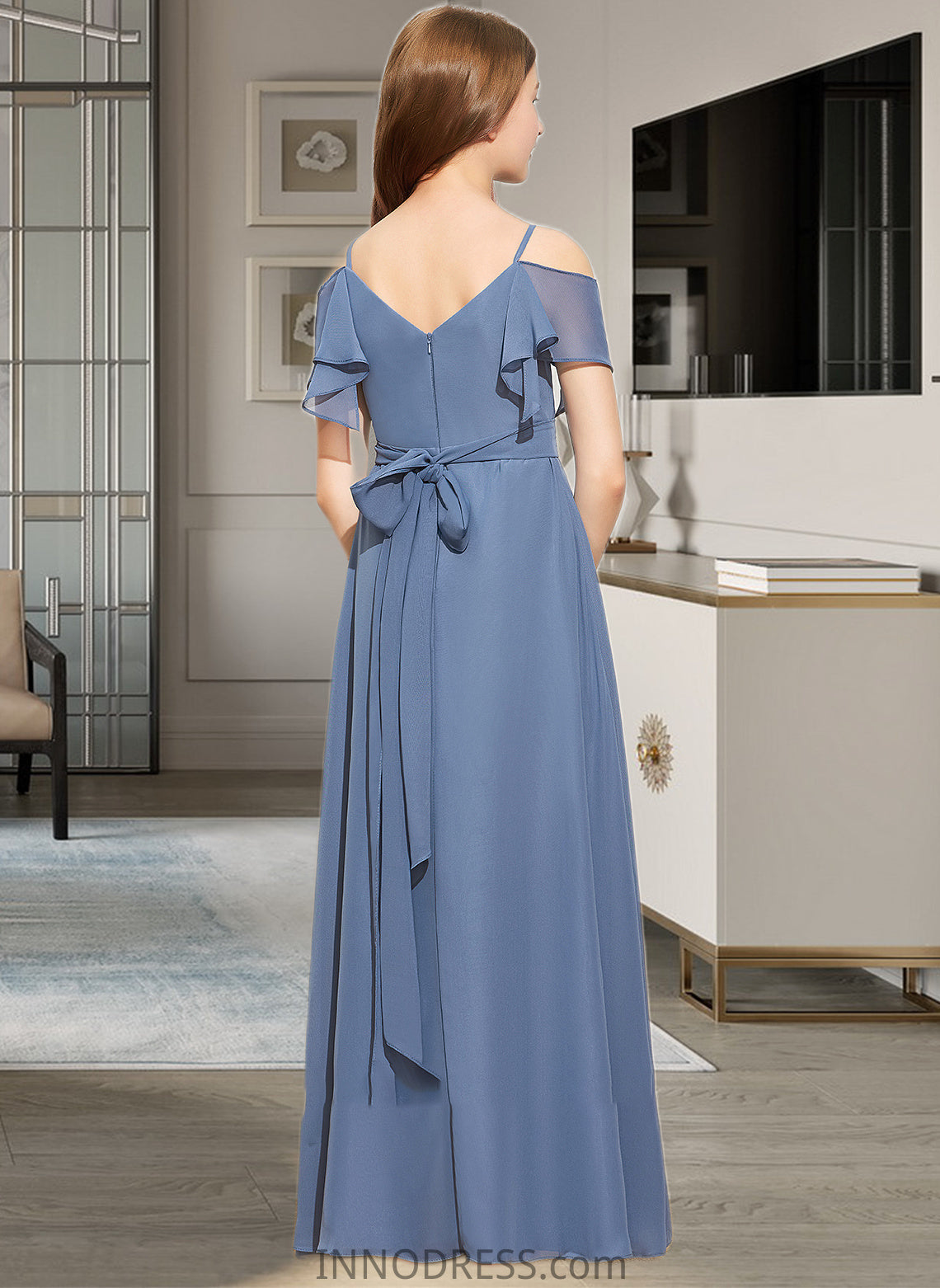 Mayra A-Line Off-the-Shoulder Floor-Length Chiffon Junior Bridesmaid Dress With Ruffle Bow(s) DPP0013475