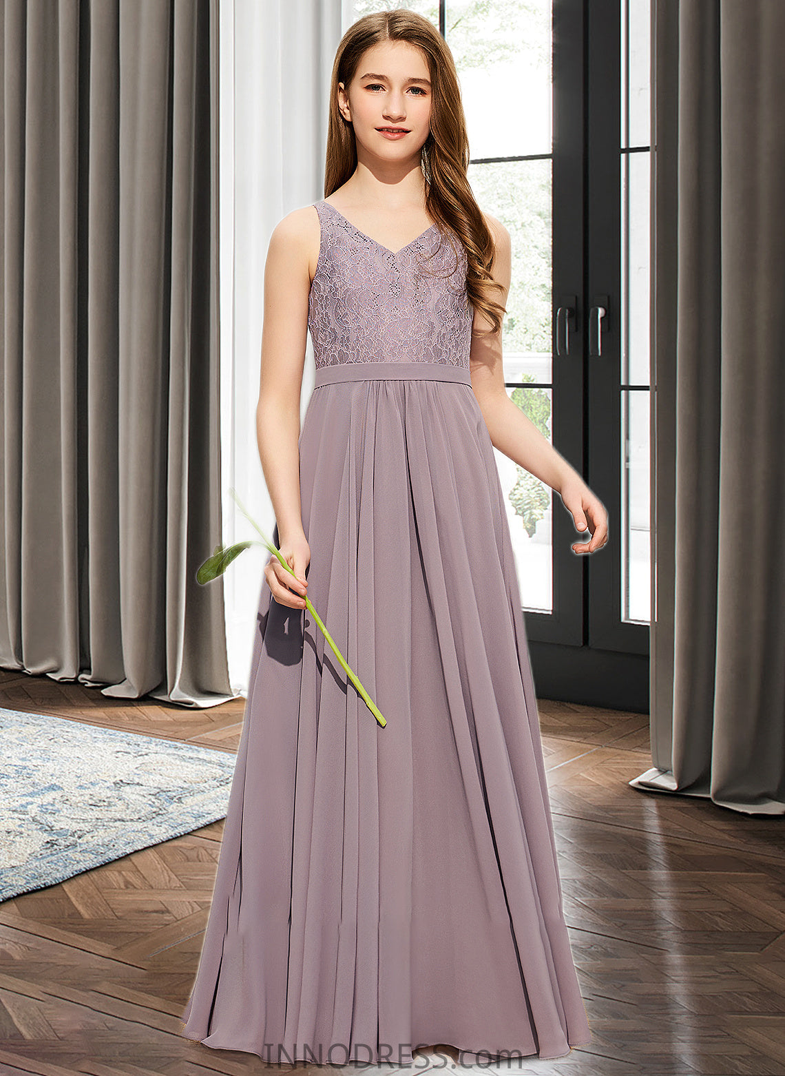 Miranda A-Line V-neck Floor-Length Chiffon Lace Junior Bridesmaid Dress DPP0013476