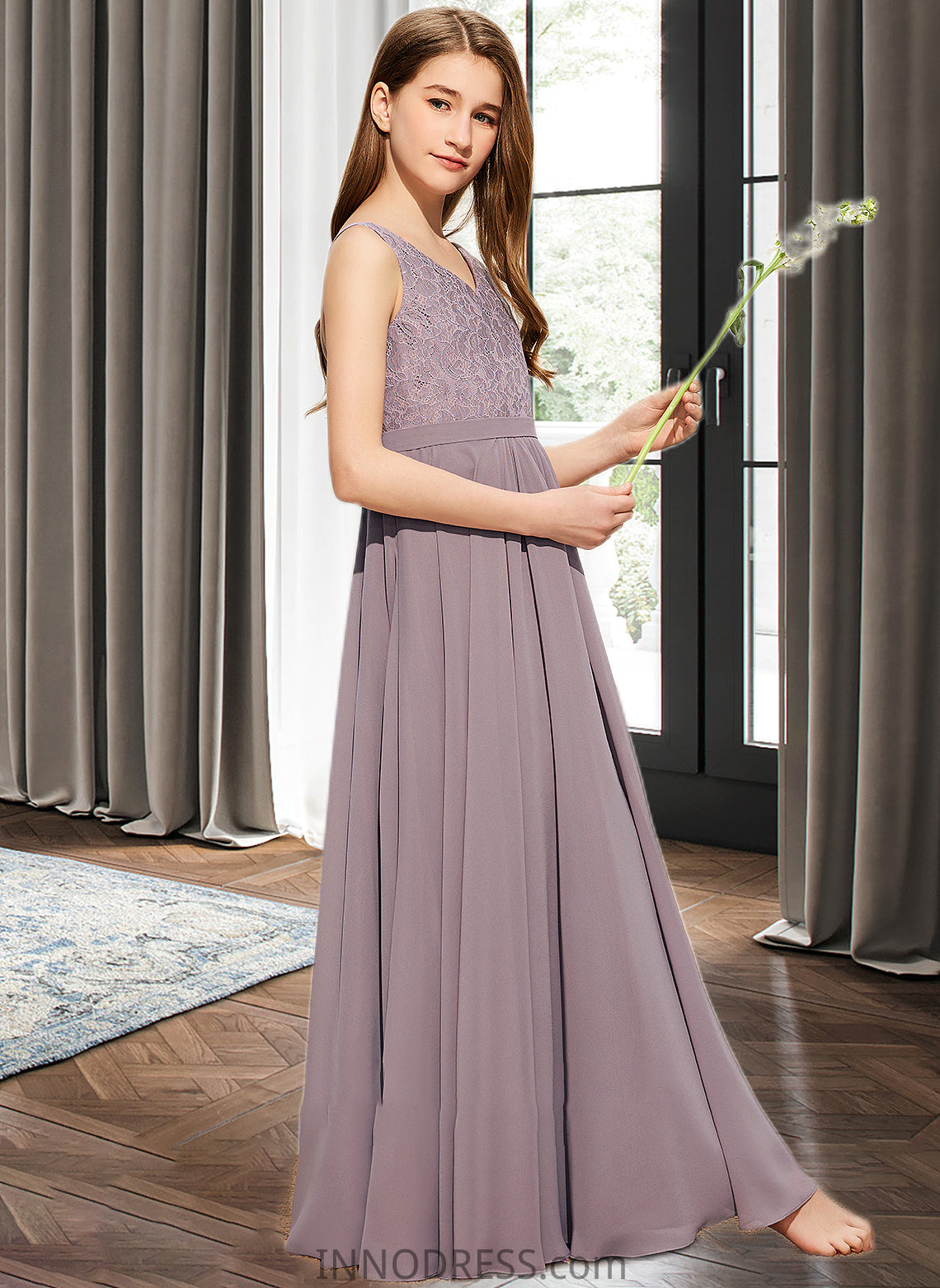 Miranda A-Line V-neck Floor-Length Chiffon Lace Junior Bridesmaid Dress DPP0013476