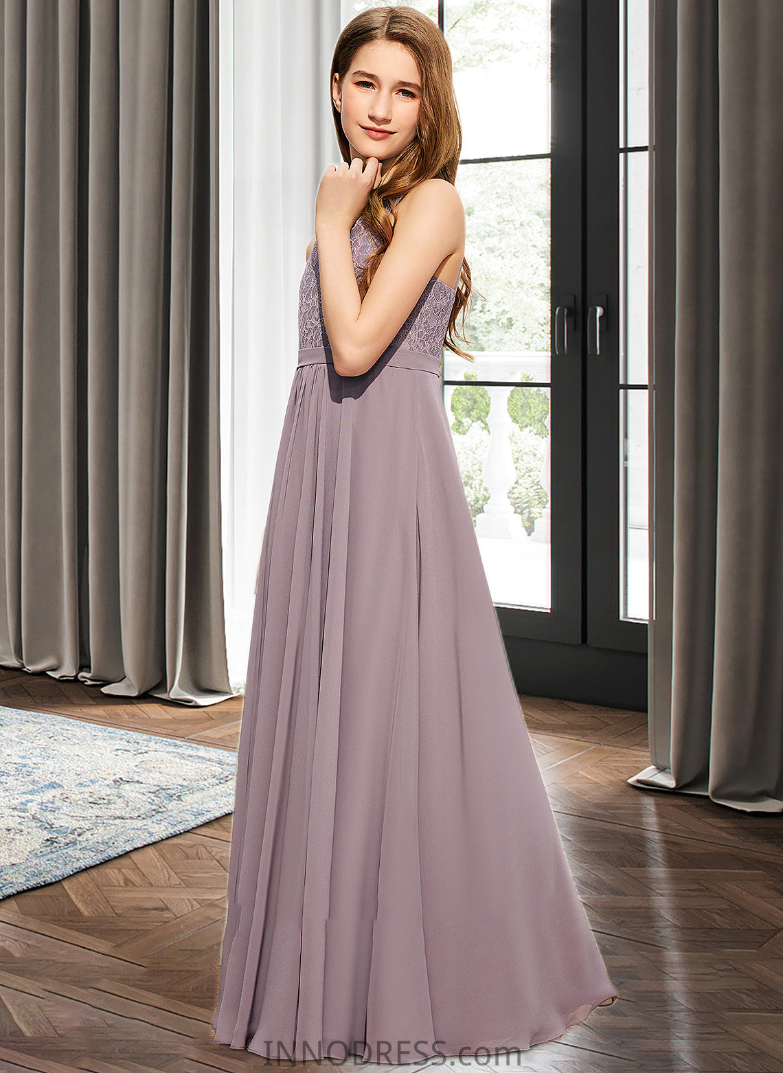 Miranda A-Line V-neck Floor-Length Chiffon Lace Junior Bridesmaid Dress DPP0013476