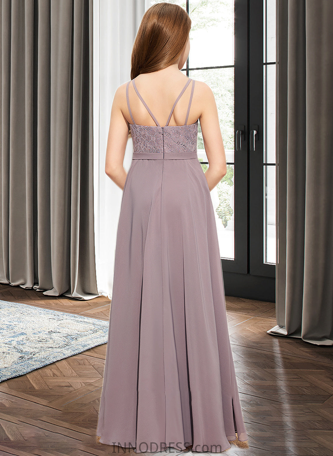 Miranda A-Line V-neck Floor-Length Chiffon Lace Junior Bridesmaid Dress DPP0013476