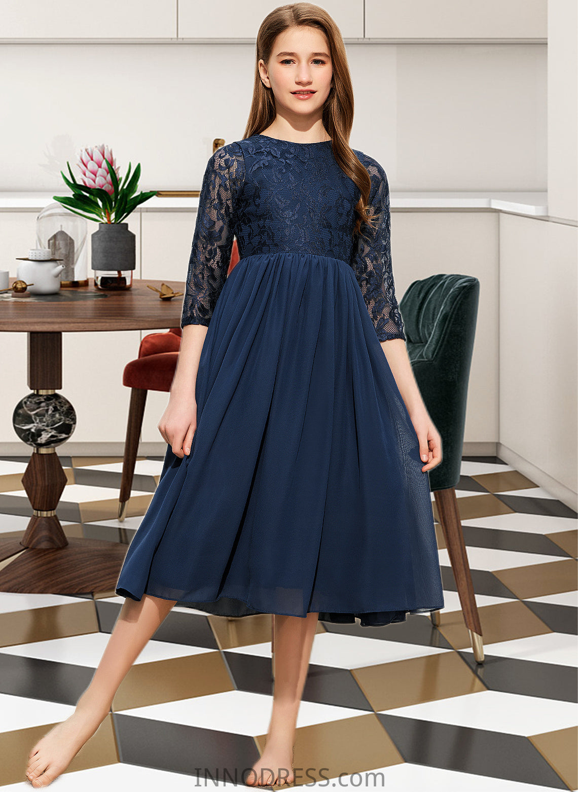 Amelia A-Line Scoop Neck Tea-Length Chiffon Lace Junior Bridesmaid Dress DPP0013477