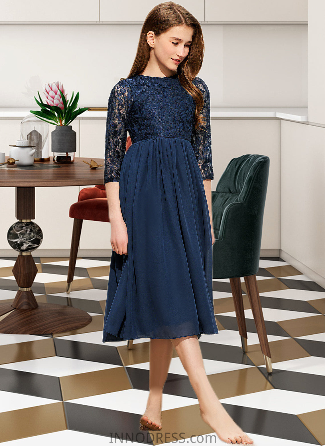 Amelia A-Line Scoop Neck Tea-Length Chiffon Lace Junior Bridesmaid Dress DPP0013477