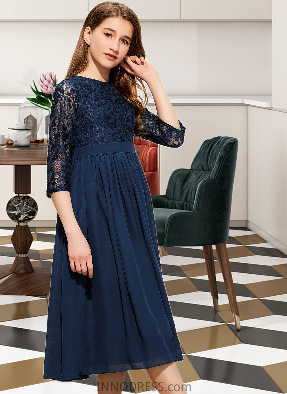 Amelia A-Line Scoop Neck Tea-Length Chiffon Lace Junior Bridesmaid Dress DPP0013477