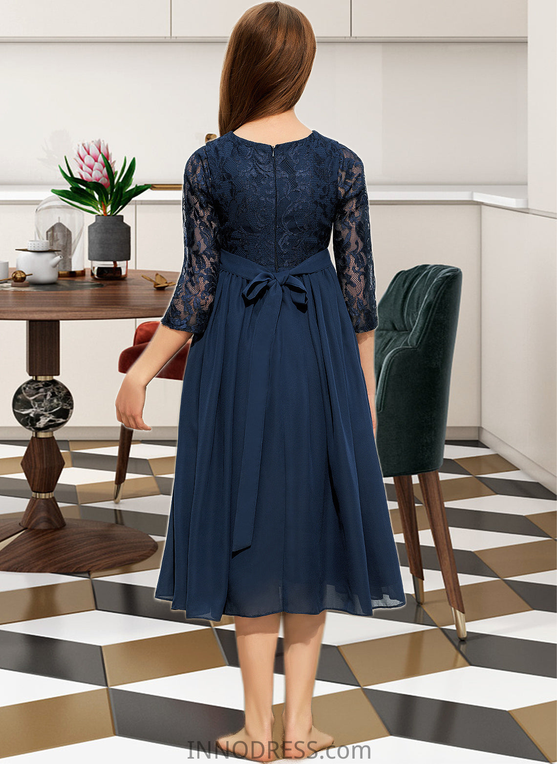 Amelia A-Line Scoop Neck Tea-Length Chiffon Lace Junior Bridesmaid Dress DPP0013477