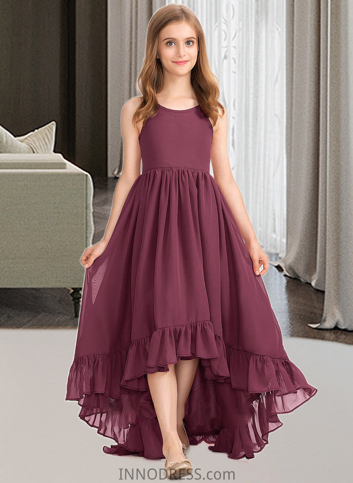 Lori A-Line Scoop Neck Asymmetrical Chiffon Junior Bridesmaid Dress With Bow(s) Cascading Ruffles DPP0013480