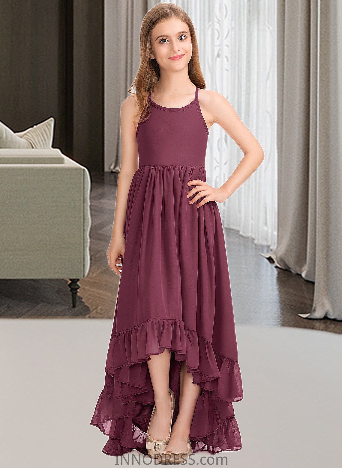 Lori A-Line Scoop Neck Asymmetrical Chiffon Junior Bridesmaid Dress With Bow(s) Cascading Ruffles DPP0013480