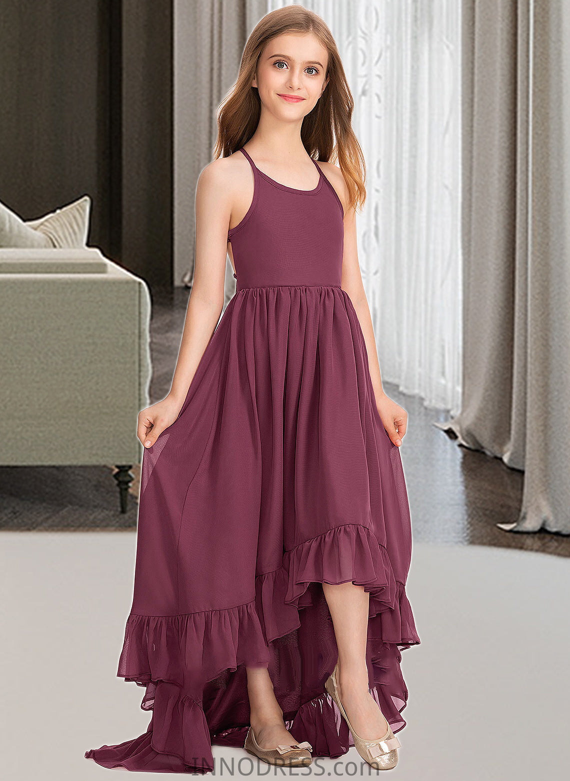 Lori A-Line Scoop Neck Asymmetrical Chiffon Junior Bridesmaid Dress With Bow(s) Cascading Ruffles DPP0013480