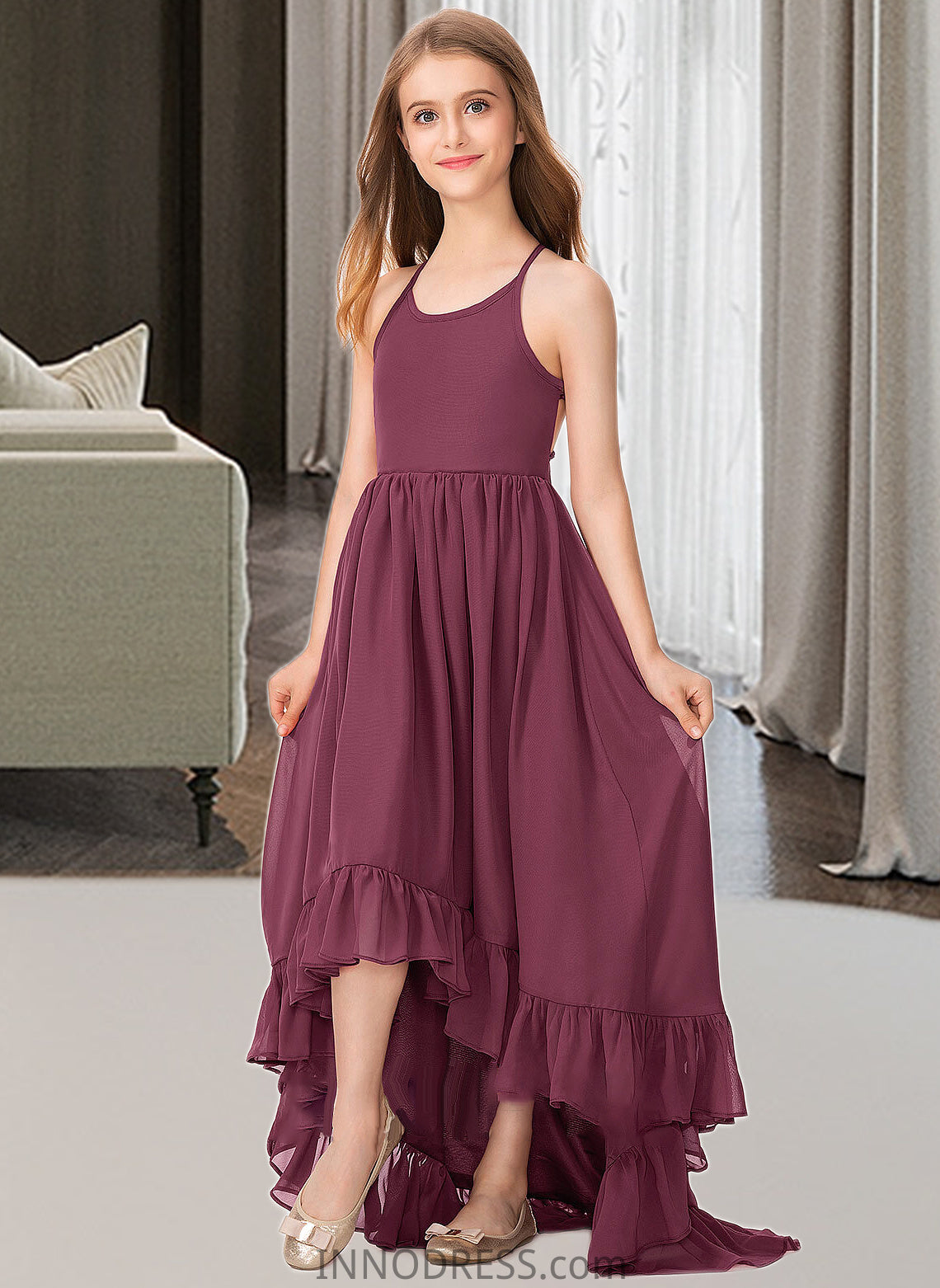 Lori A-Line Scoop Neck Asymmetrical Chiffon Junior Bridesmaid Dress With Bow(s) Cascading Ruffles DPP0013480