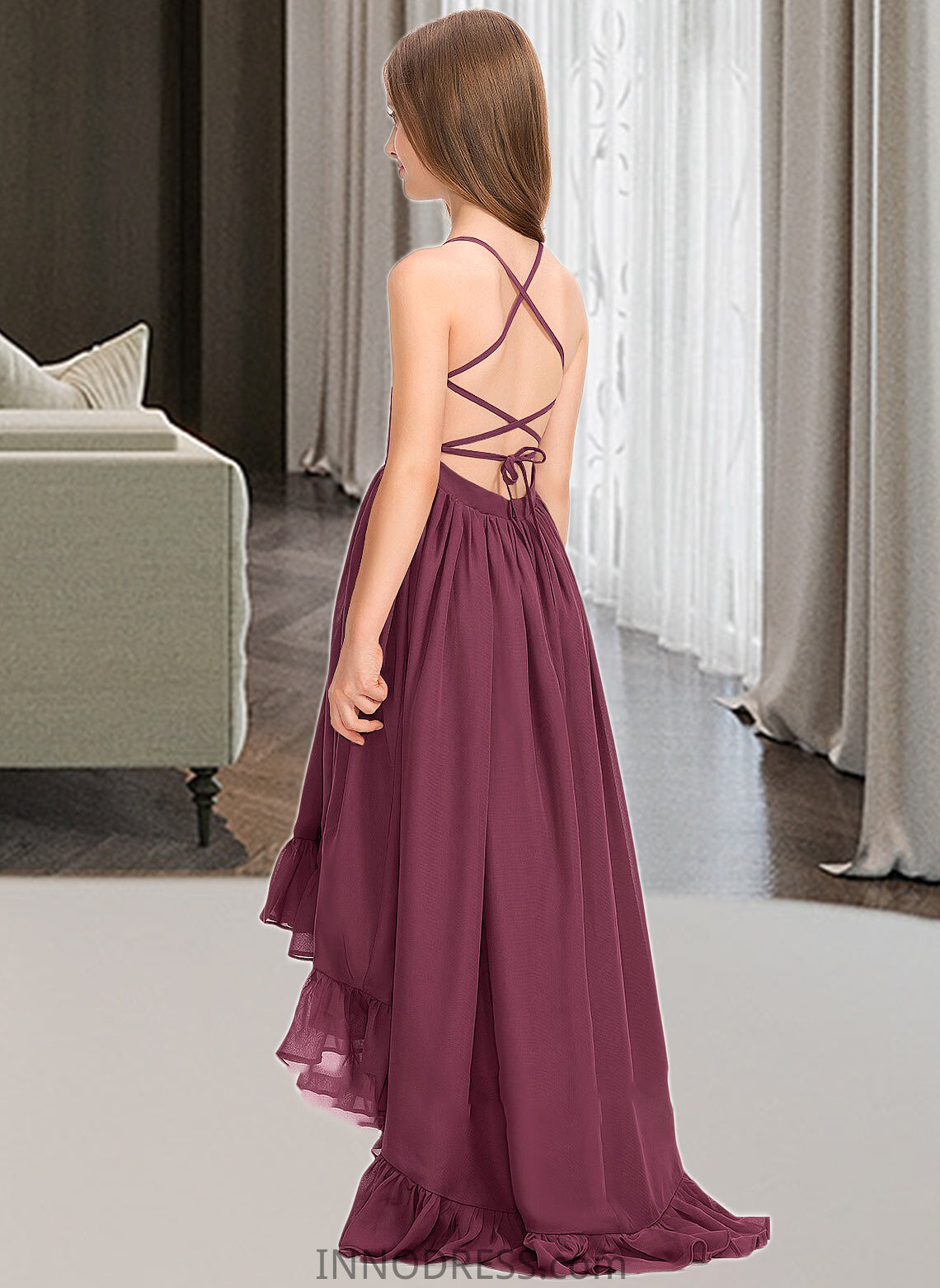 Lori A-Line Scoop Neck Asymmetrical Chiffon Junior Bridesmaid Dress With Bow(s) Cascading Ruffles DPP0013480