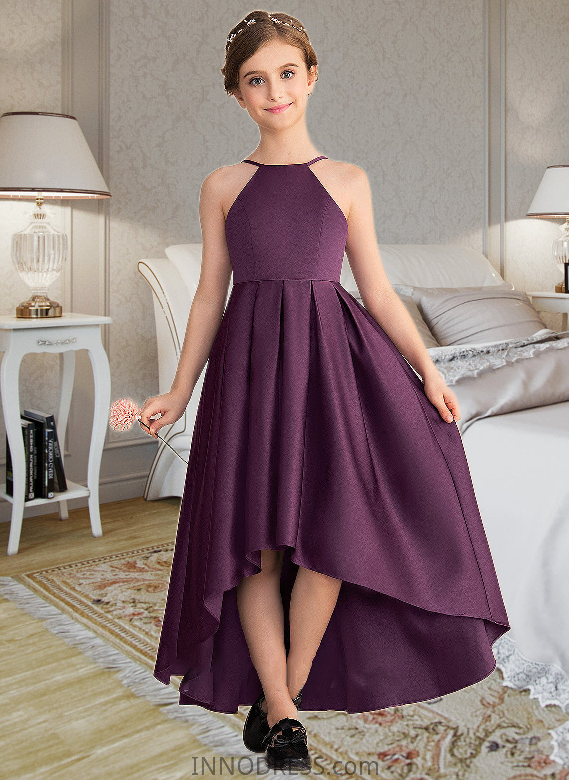 Kit A-Line Scoop Neck Asymmetrical Satin Junior Bridesmaid Dress With Ruffle DPP0013481