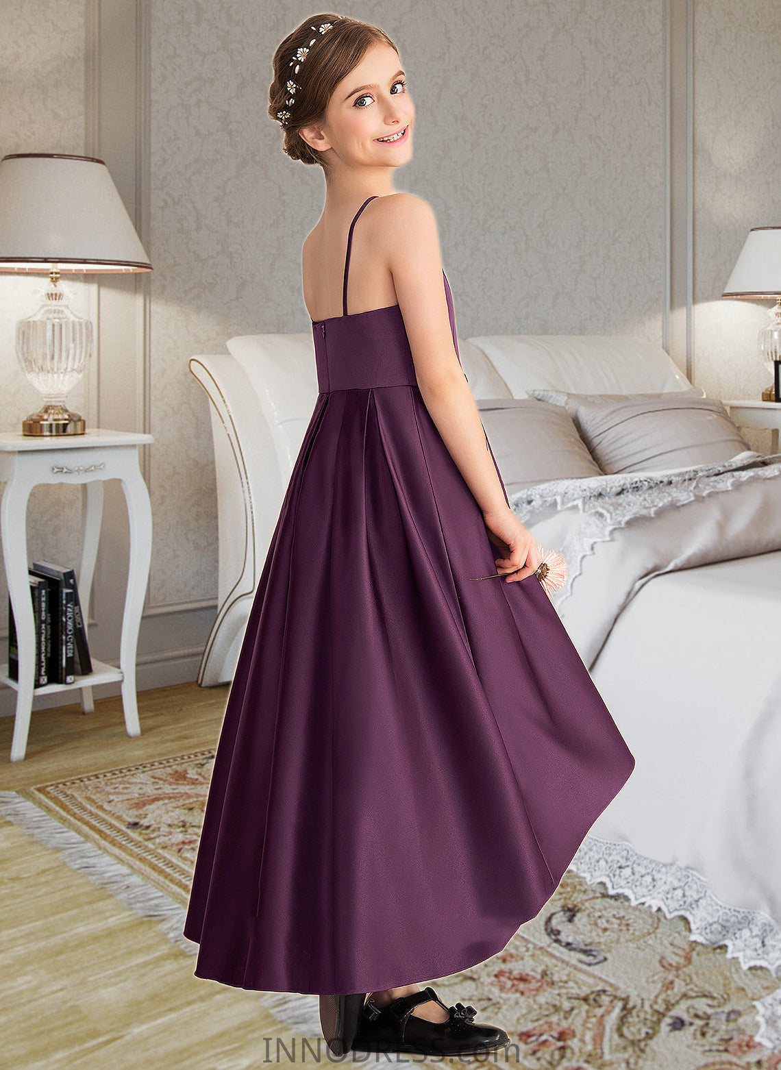 Kit A-Line Scoop Neck Asymmetrical Satin Junior Bridesmaid Dress With Ruffle DPP0013481