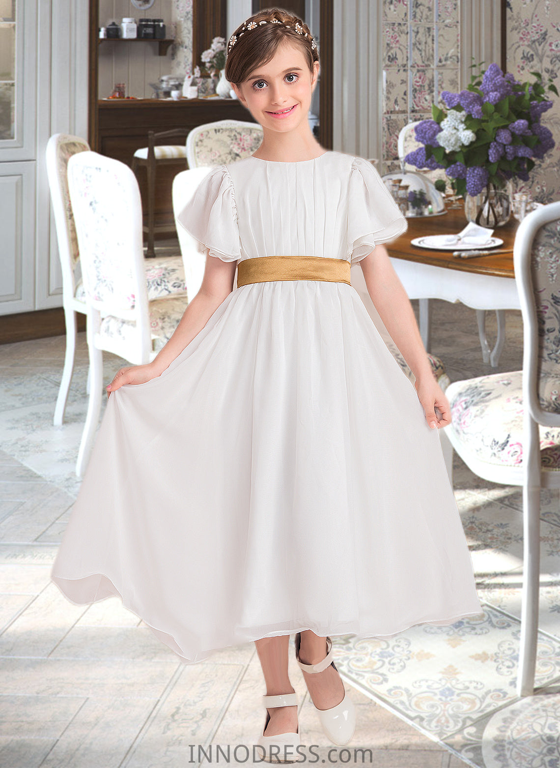 Tiana A-Line Scoop Neck Tea-Length Chiffon Junior Bridesmaid Dress With Ruffle Sash DPP0013482