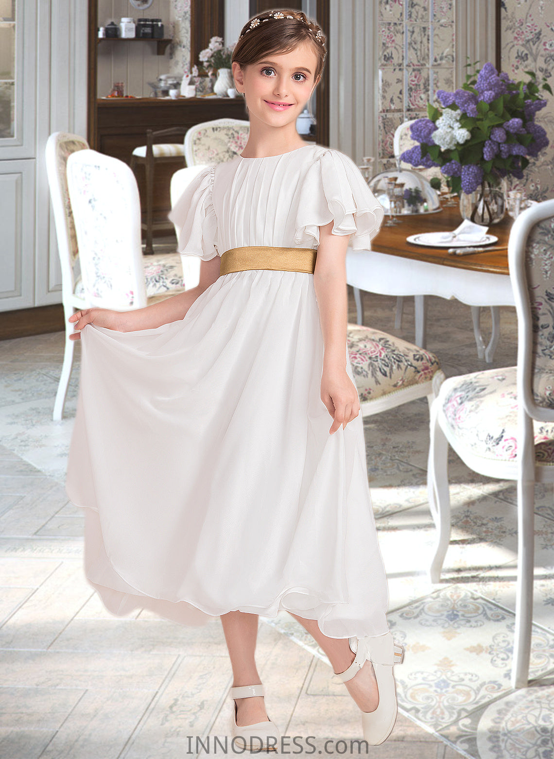 Tiana A-Line Scoop Neck Tea-Length Chiffon Junior Bridesmaid Dress With Ruffle Sash DPP0013482