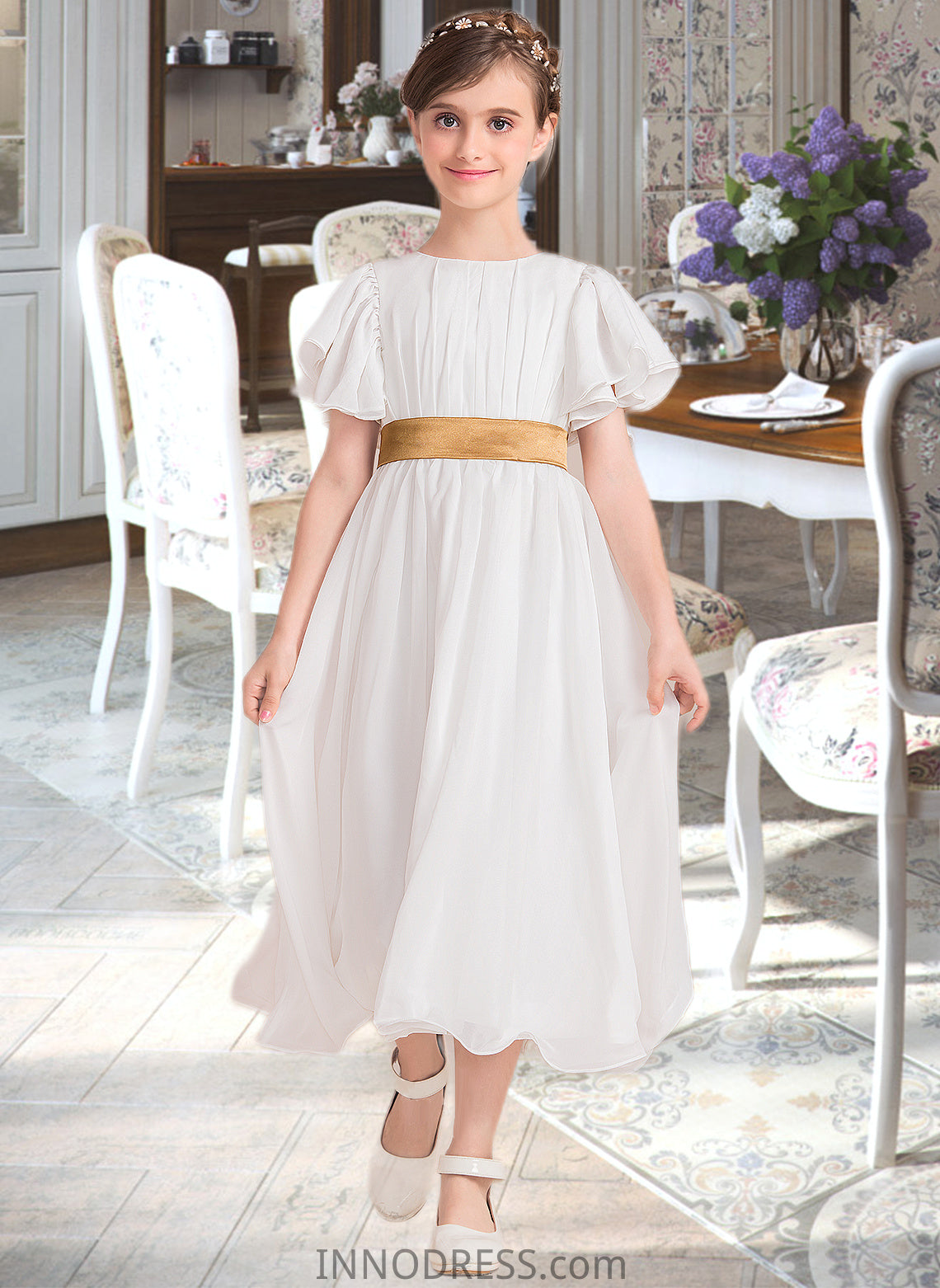 Tiana A-Line Scoop Neck Tea-Length Chiffon Junior Bridesmaid Dress With Ruffle Sash DPP0013482