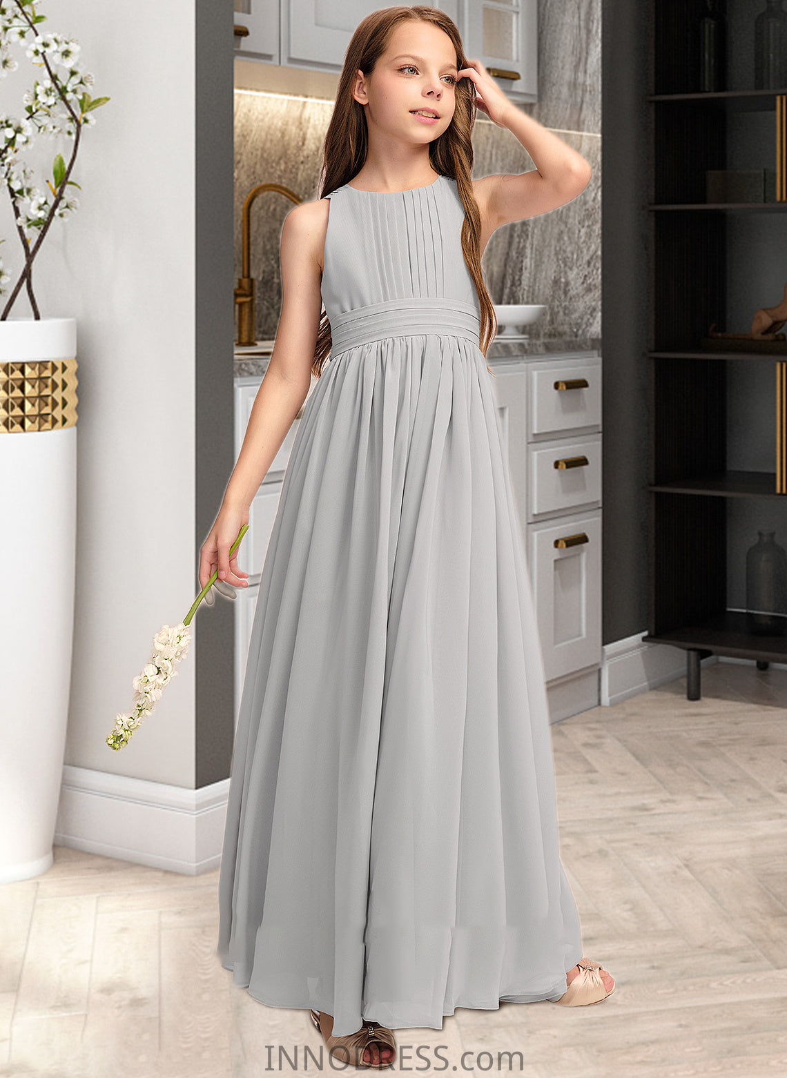 Araceli A-Line Scoop Neck Floor-Length Chiffon Junior Bridesmaid Dress With Ruffle Bow(s) DPP0013483