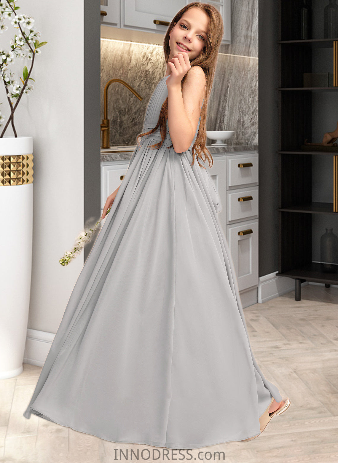 Araceli A-Line Scoop Neck Floor-Length Chiffon Junior Bridesmaid Dress With Ruffle Bow(s) DPP0013483