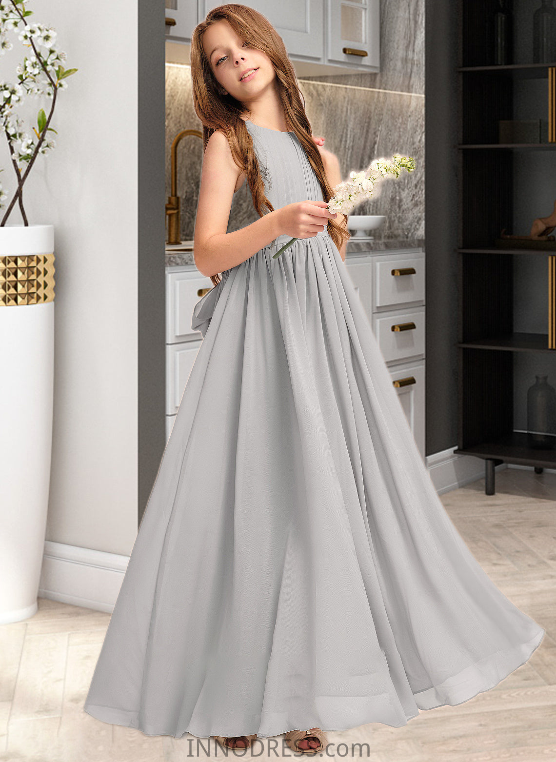 Araceli A-Line Scoop Neck Floor-Length Chiffon Junior Bridesmaid Dress With Ruffle Bow(s) DPP0013483