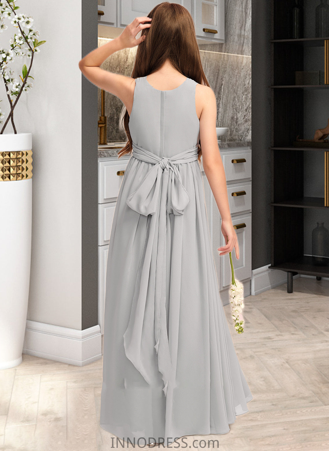 Araceli A-Line Scoop Neck Floor-Length Chiffon Junior Bridesmaid Dress With Ruffle Bow(s) DPP0013483