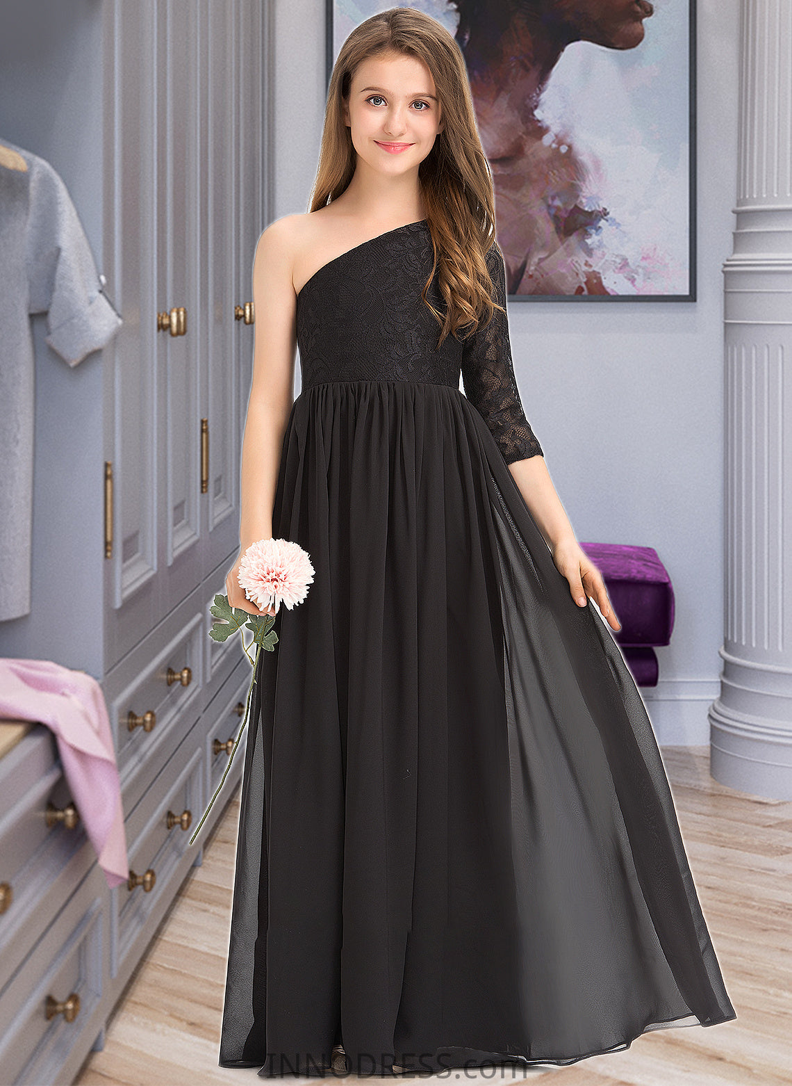 Destinee A-Line One-Shoulder Floor-Length Chiffon Lace Junior Bridesmaid Dress DPP0013486