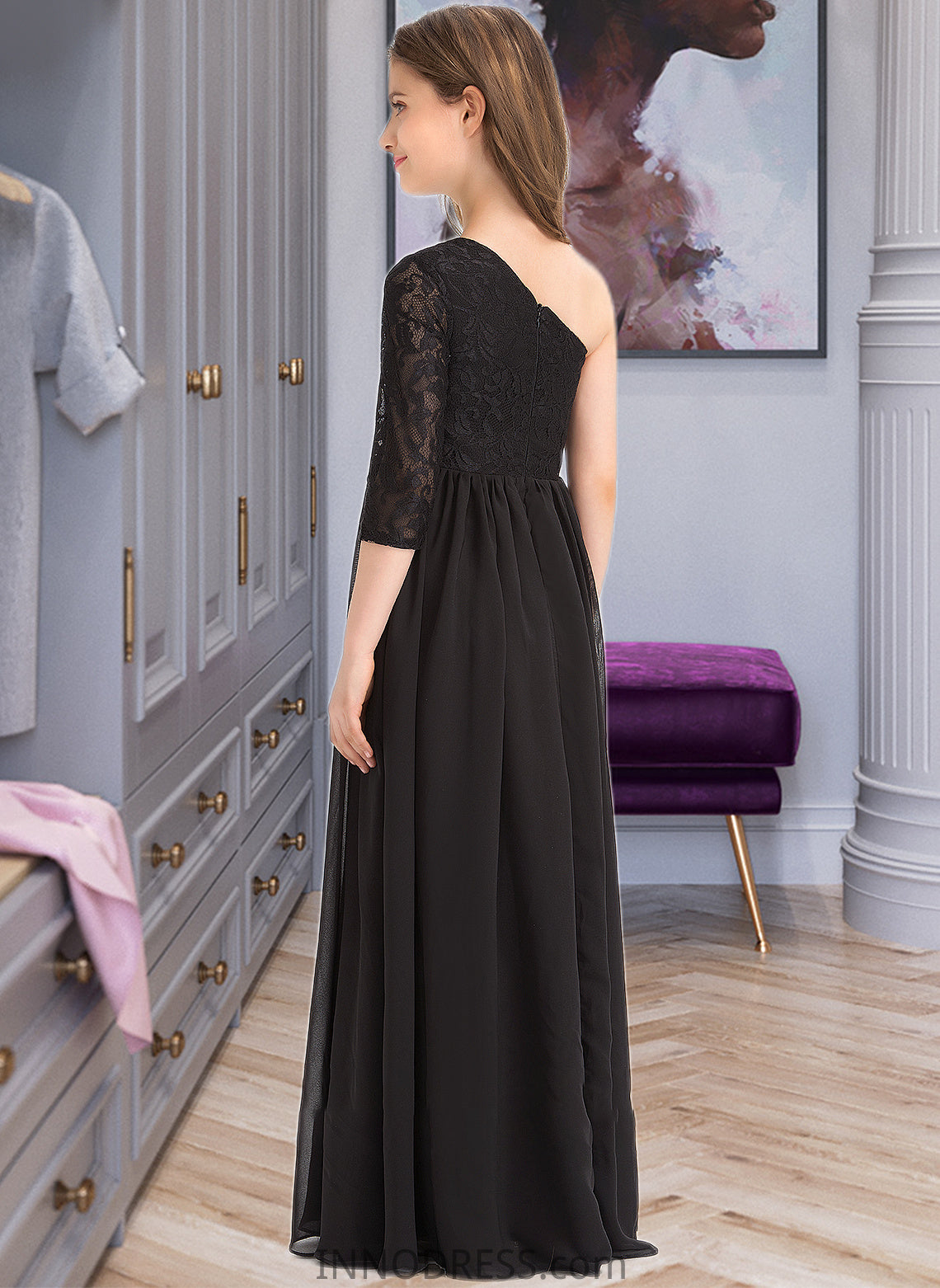 Destinee A-Line One-Shoulder Floor-Length Chiffon Lace Junior Bridesmaid Dress DPP0013486