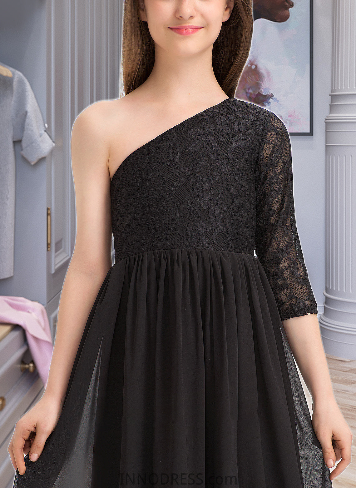 Destinee A-Line One-Shoulder Floor-Length Chiffon Lace Junior Bridesmaid Dress DPP0013486