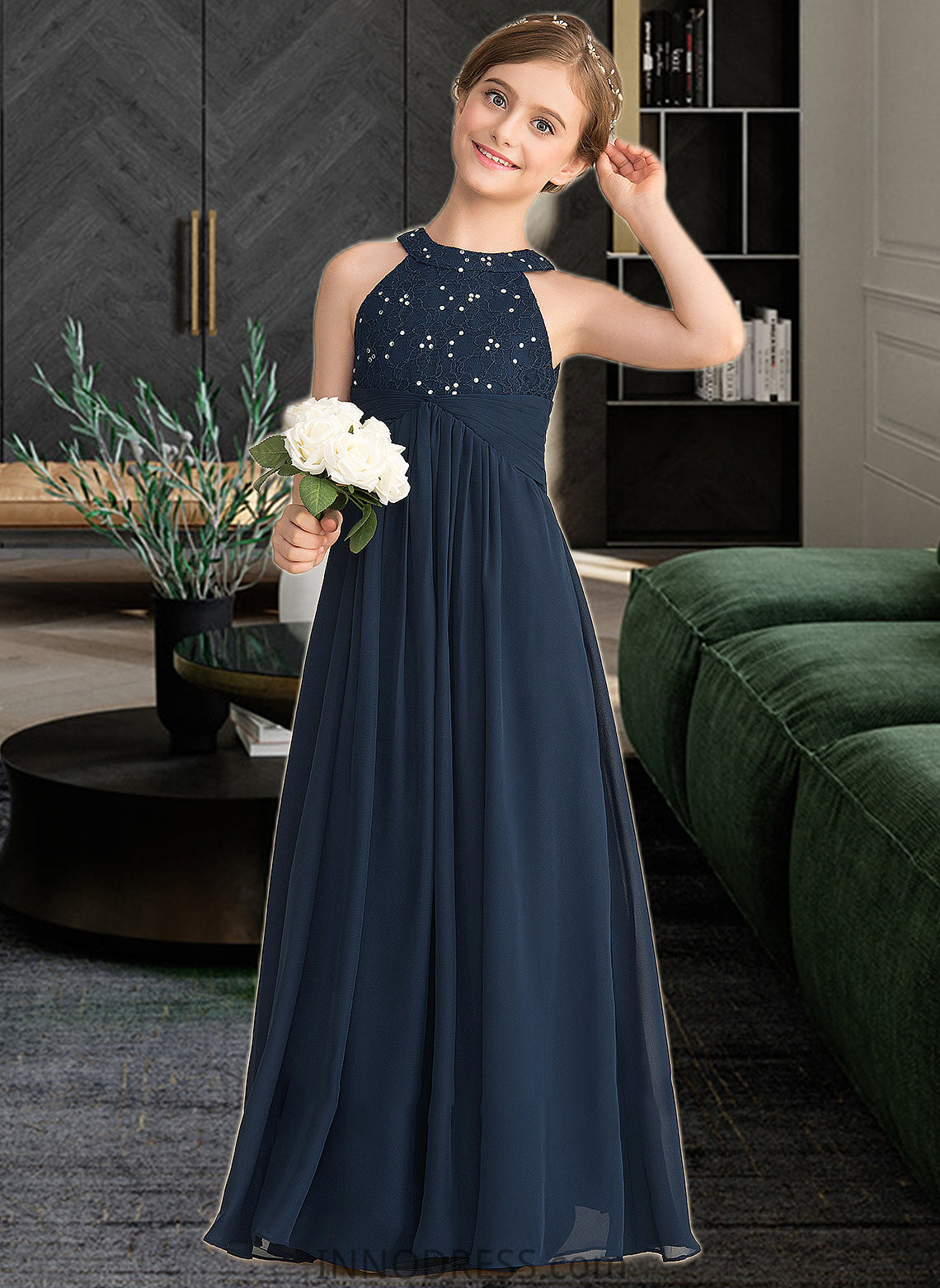 Ivy A-Line Scoop Neck Floor-Length Chiffon Lace Junior Bridesmaid Dress With Ruffle Beading DPP0013488