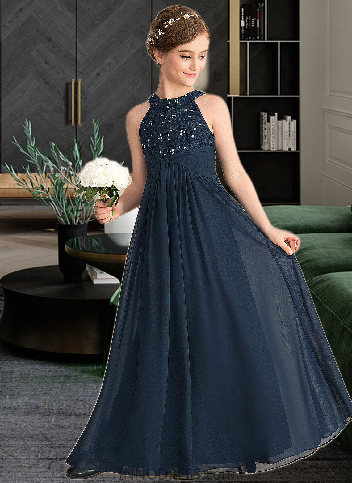 Ivy A-Line Scoop Neck Floor-Length Chiffon Lace Junior Bridesmaid Dress With Ruffle Beading DPP0013488