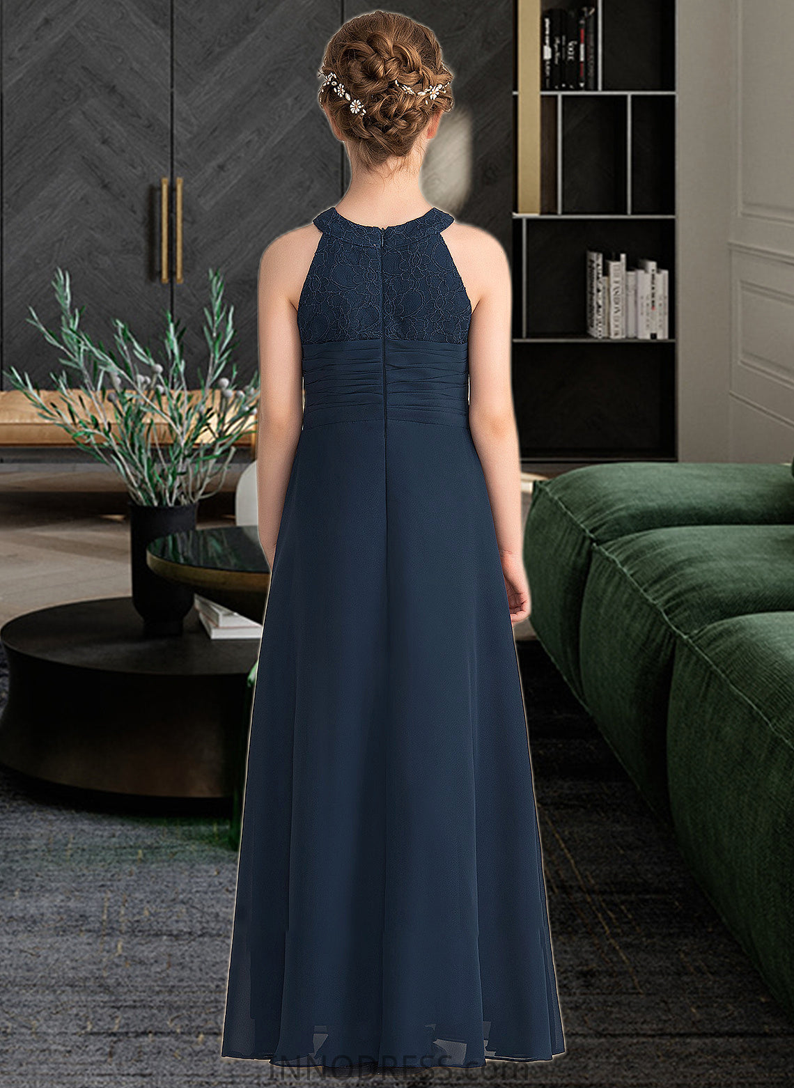 Ivy A-Line Scoop Neck Floor-Length Chiffon Lace Junior Bridesmaid Dress With Ruffle Beading DPP0013488