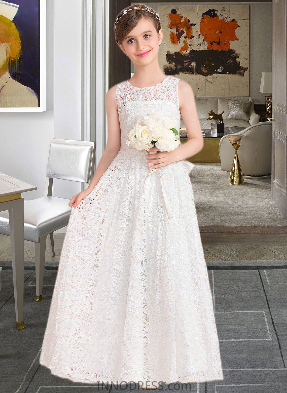 Neveah A-Line Scoop Neck Floor-Length Lace Junior Bridesmaid Dress With Sash Bow(s) DPP0013490