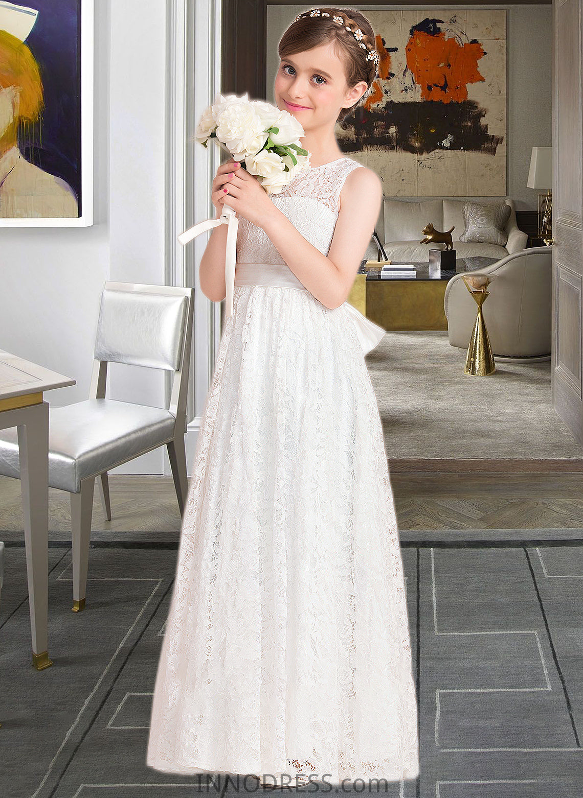 Neveah A-Line Scoop Neck Floor-Length Lace Junior Bridesmaid Dress With Sash Bow(s) DPP0013490