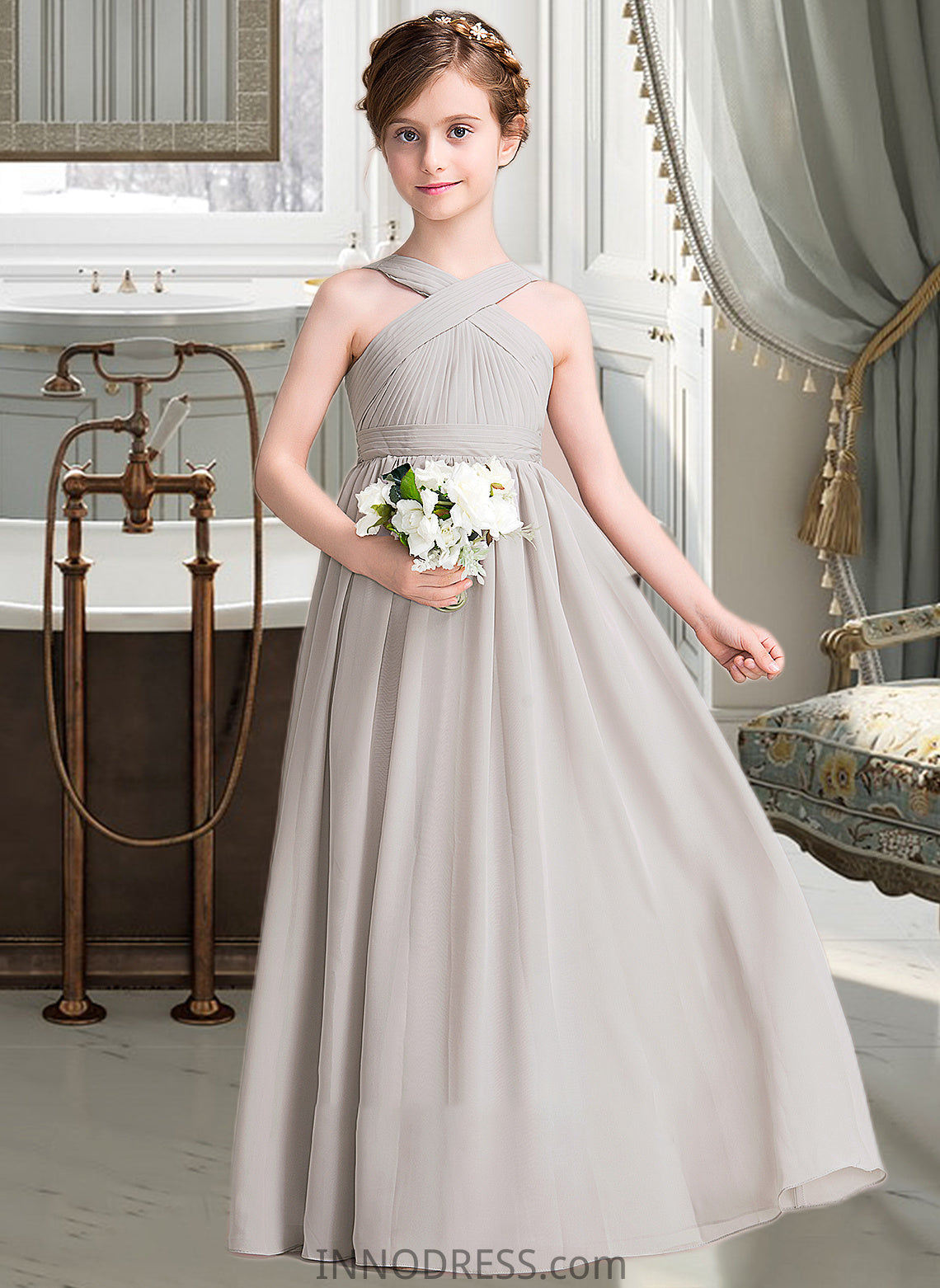 Jakayla A-Line V-neck Floor-Length Chiffon Junior Bridesmaid Dress With Ruffle Bow(s) DPP0013491