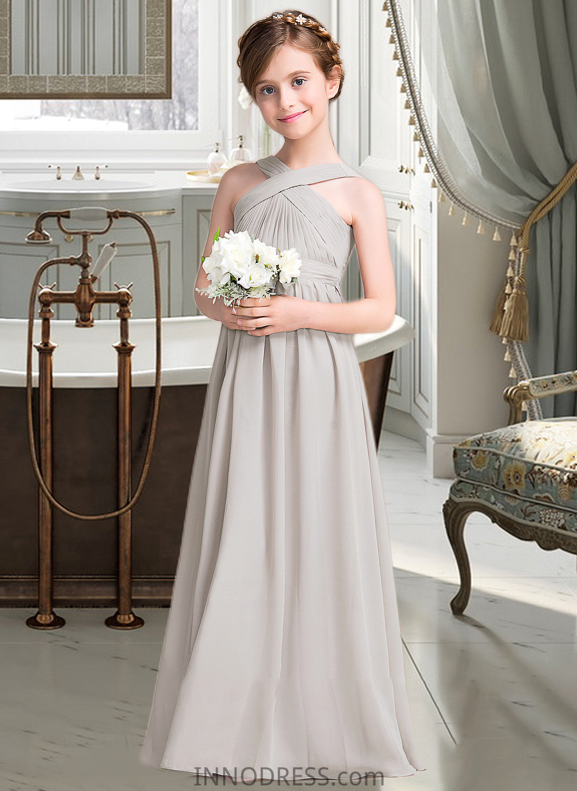 Jakayla A-Line V-neck Floor-Length Chiffon Junior Bridesmaid Dress With Ruffle Bow(s) DPP0013491