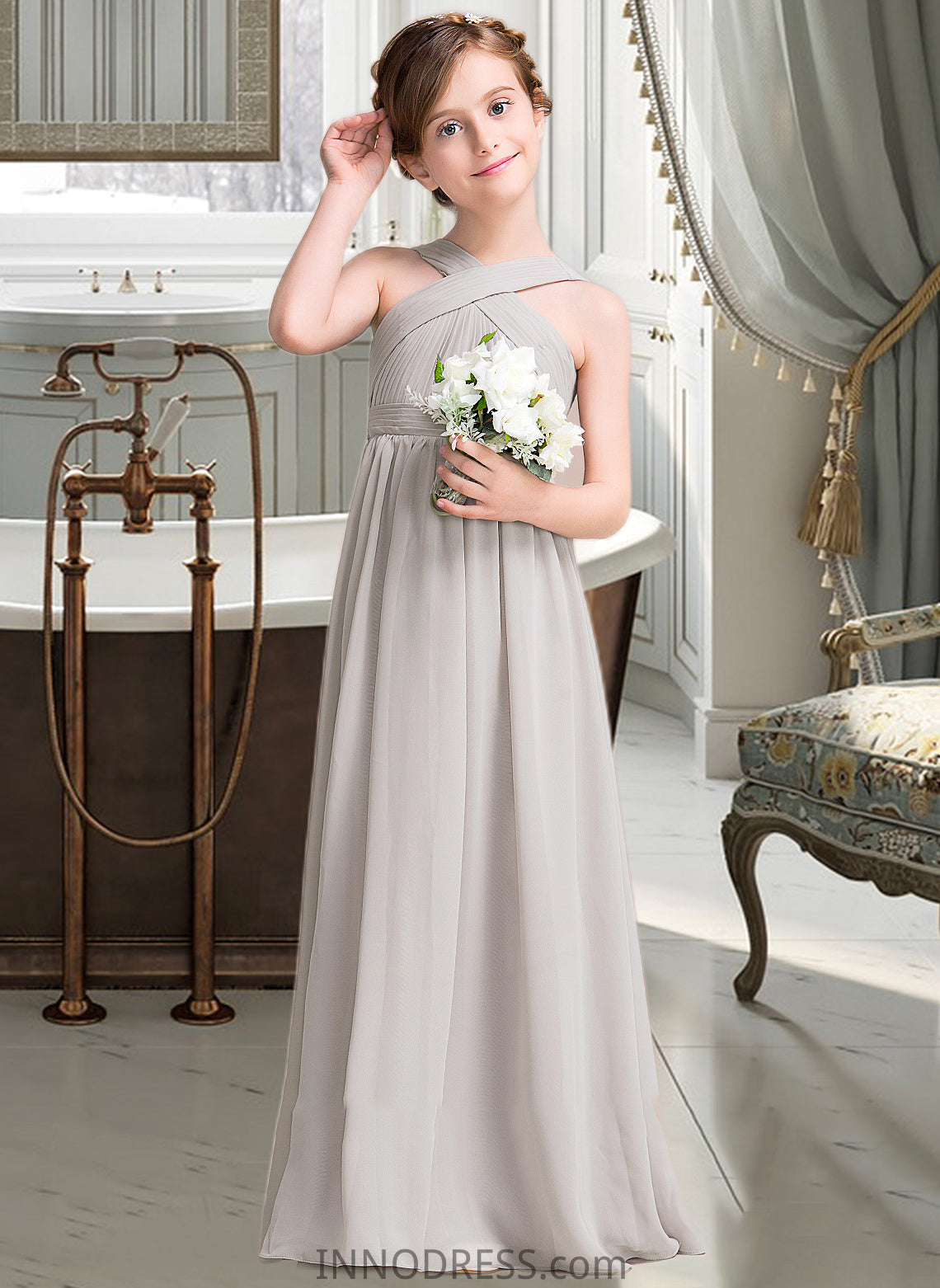 Jakayla A-Line V-neck Floor-Length Chiffon Junior Bridesmaid Dress With Ruffle Bow(s) DPP0013491