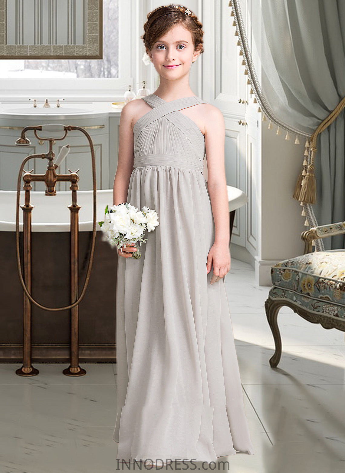 Jakayla A-Line V-neck Floor-Length Chiffon Junior Bridesmaid Dress With Ruffle Bow(s) DPP0013491