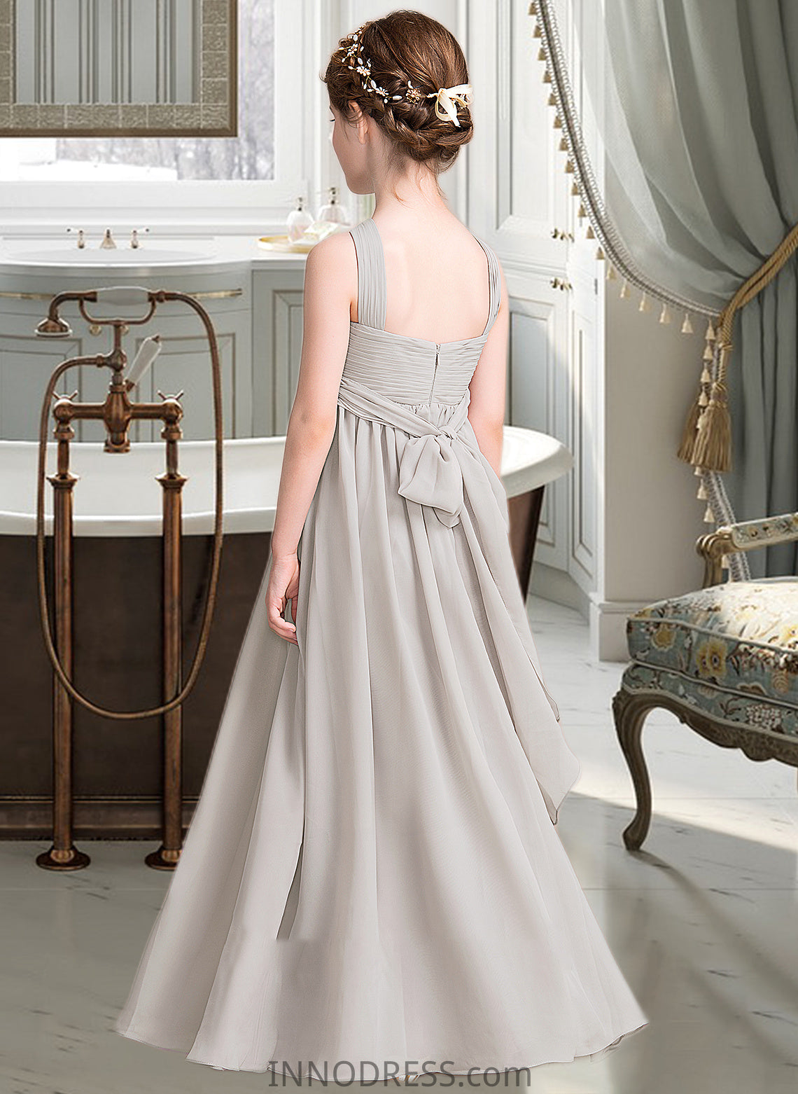 Jakayla A-Line V-neck Floor-Length Chiffon Junior Bridesmaid Dress With Ruffle Bow(s) DPP0013491