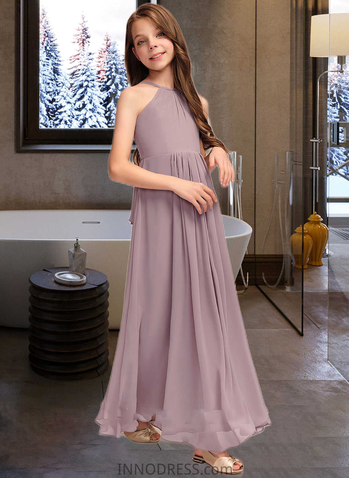 Paris A-Line Scoop Neck Floor-Length Chiffon Junior Bridesmaid Dress With Cascading Ruffles DPP0013492