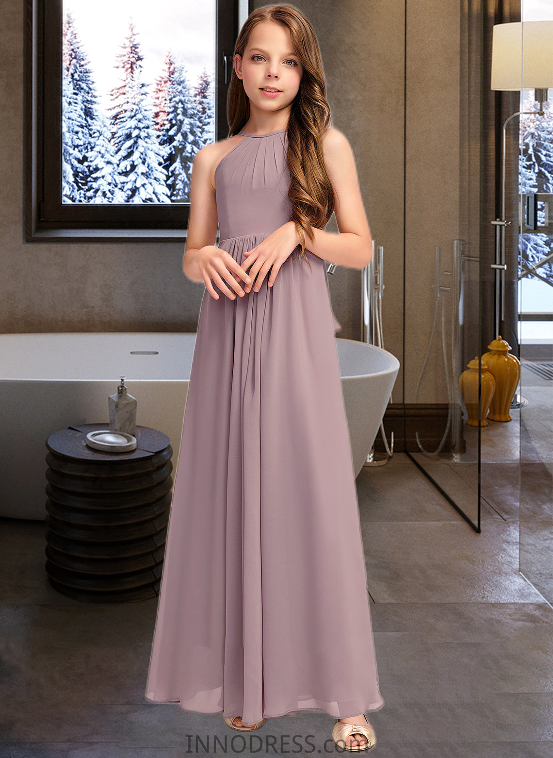 Paris A-Line Scoop Neck Floor-Length Chiffon Junior Bridesmaid Dress With Cascading Ruffles DPP0013492