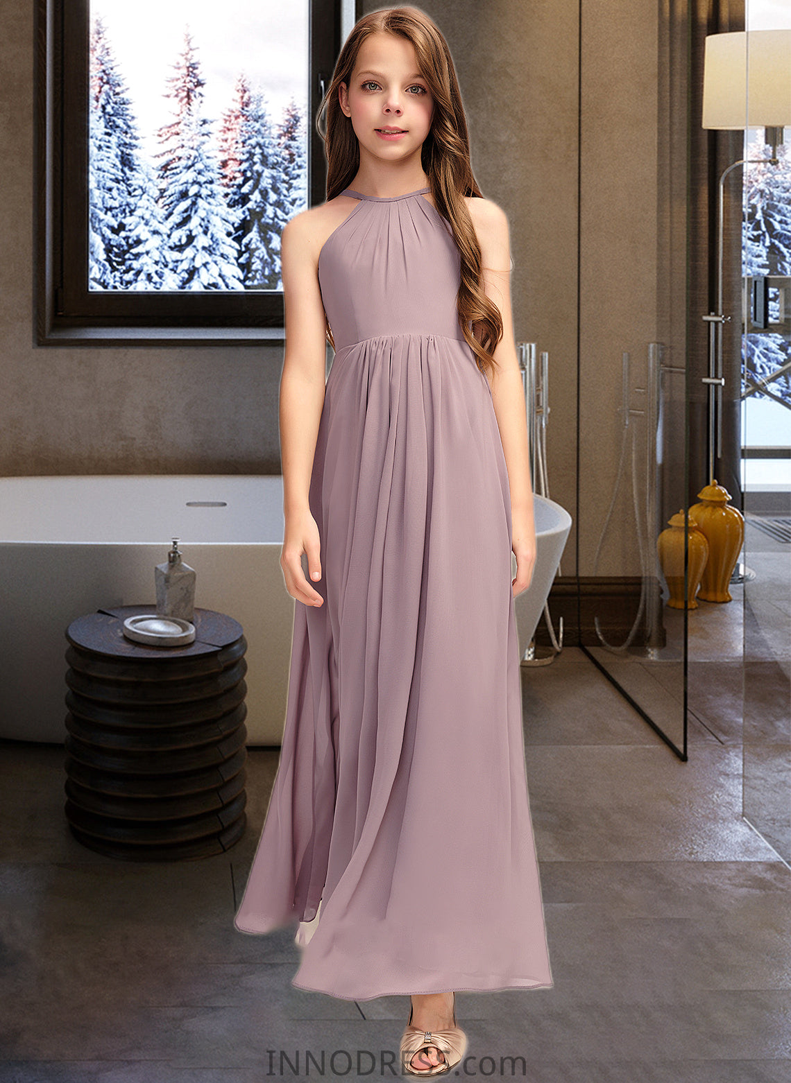 Paris A-Line Scoop Neck Floor-Length Chiffon Junior Bridesmaid Dress With Cascading Ruffles DPP0013492