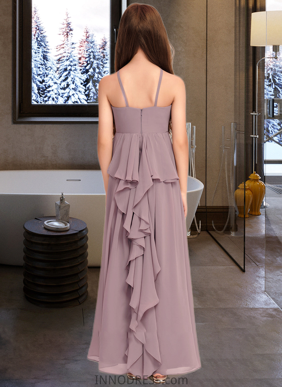 Paris A-Line Scoop Neck Floor-Length Chiffon Junior Bridesmaid Dress With Cascading Ruffles DPP0013492