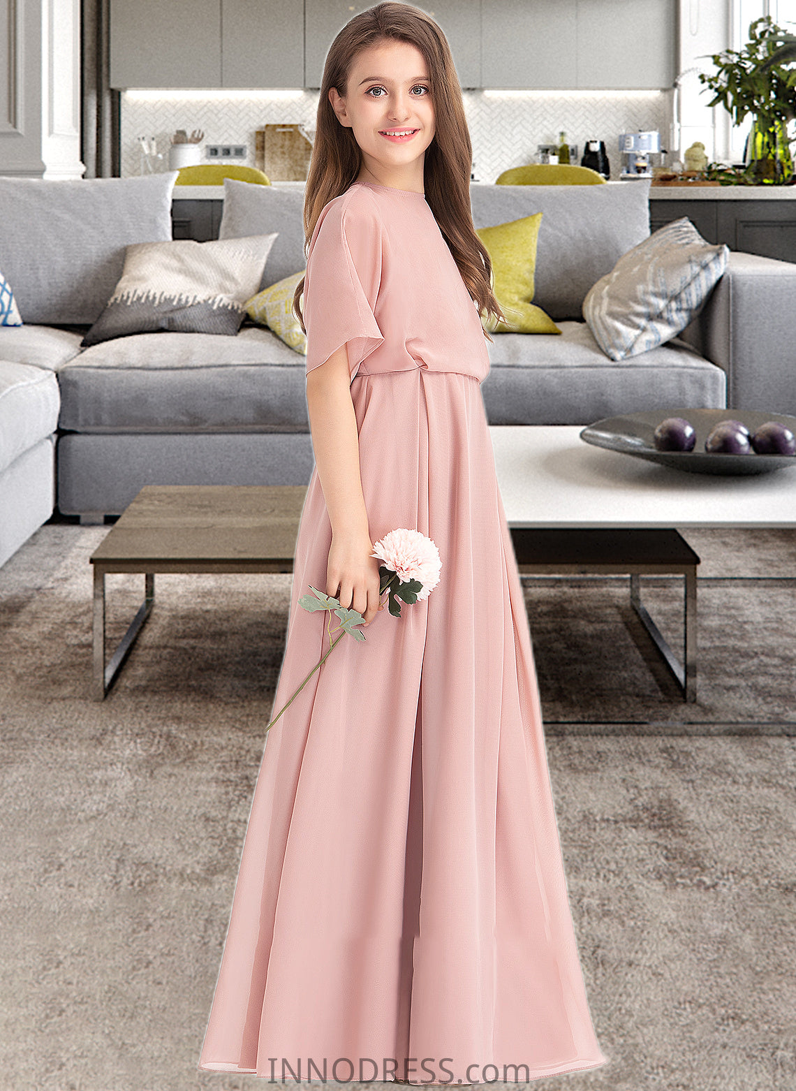 Hedda A-Line Scoop Neck Floor-Length Chiffon Junior Bridesmaid Dress DPP0013493