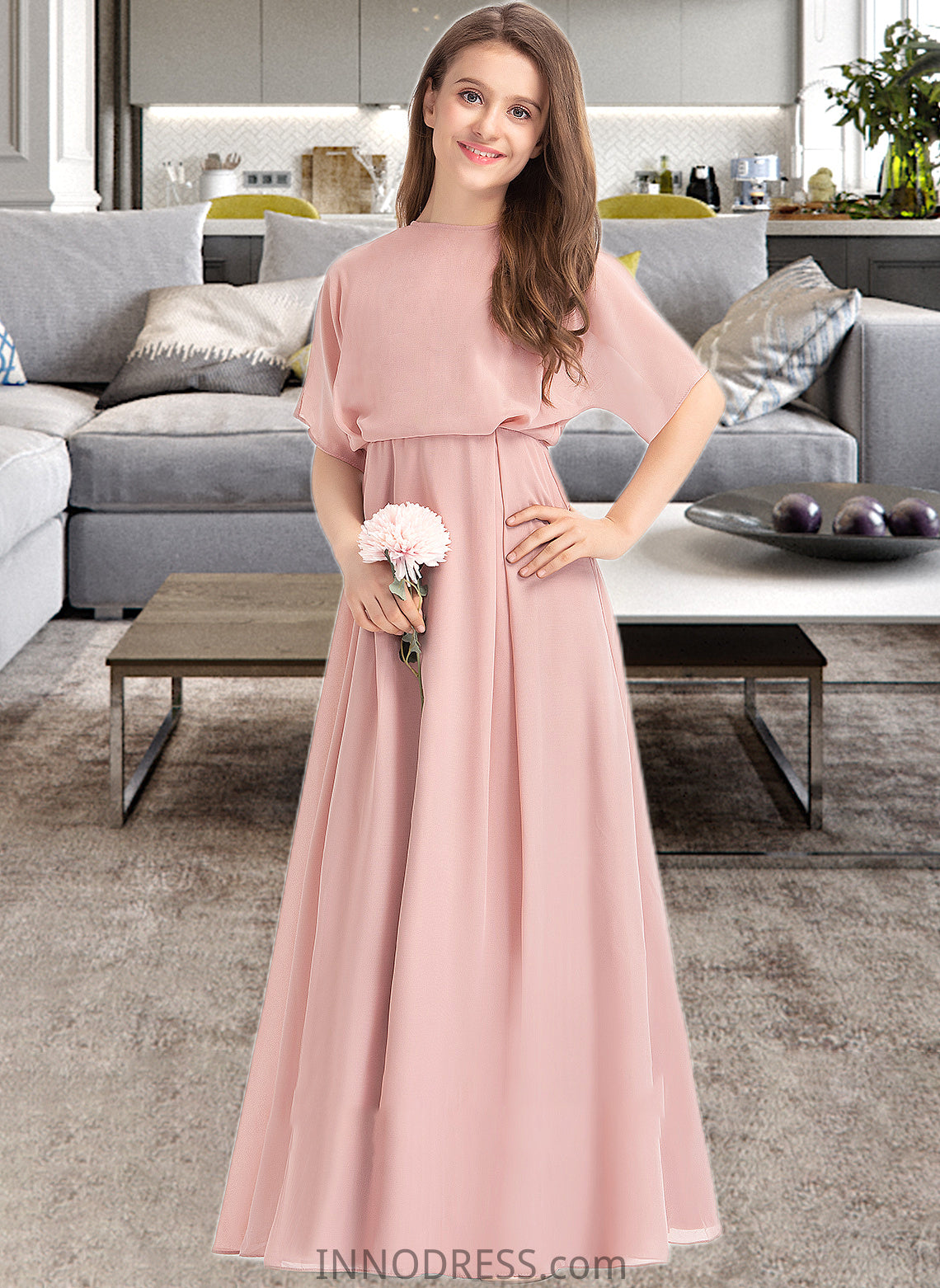 Hedda A-Line Scoop Neck Floor-Length Chiffon Junior Bridesmaid Dress DPP0013493