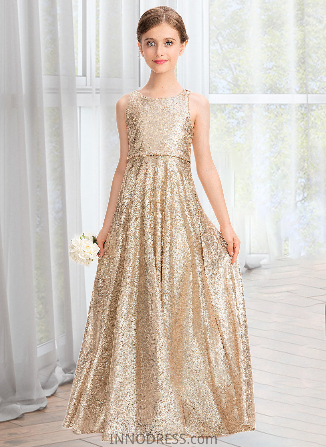 Jaylene A-Line Scoop Neck Floor-Length Sequined Junior Bridesmaid Dress DPP0013495