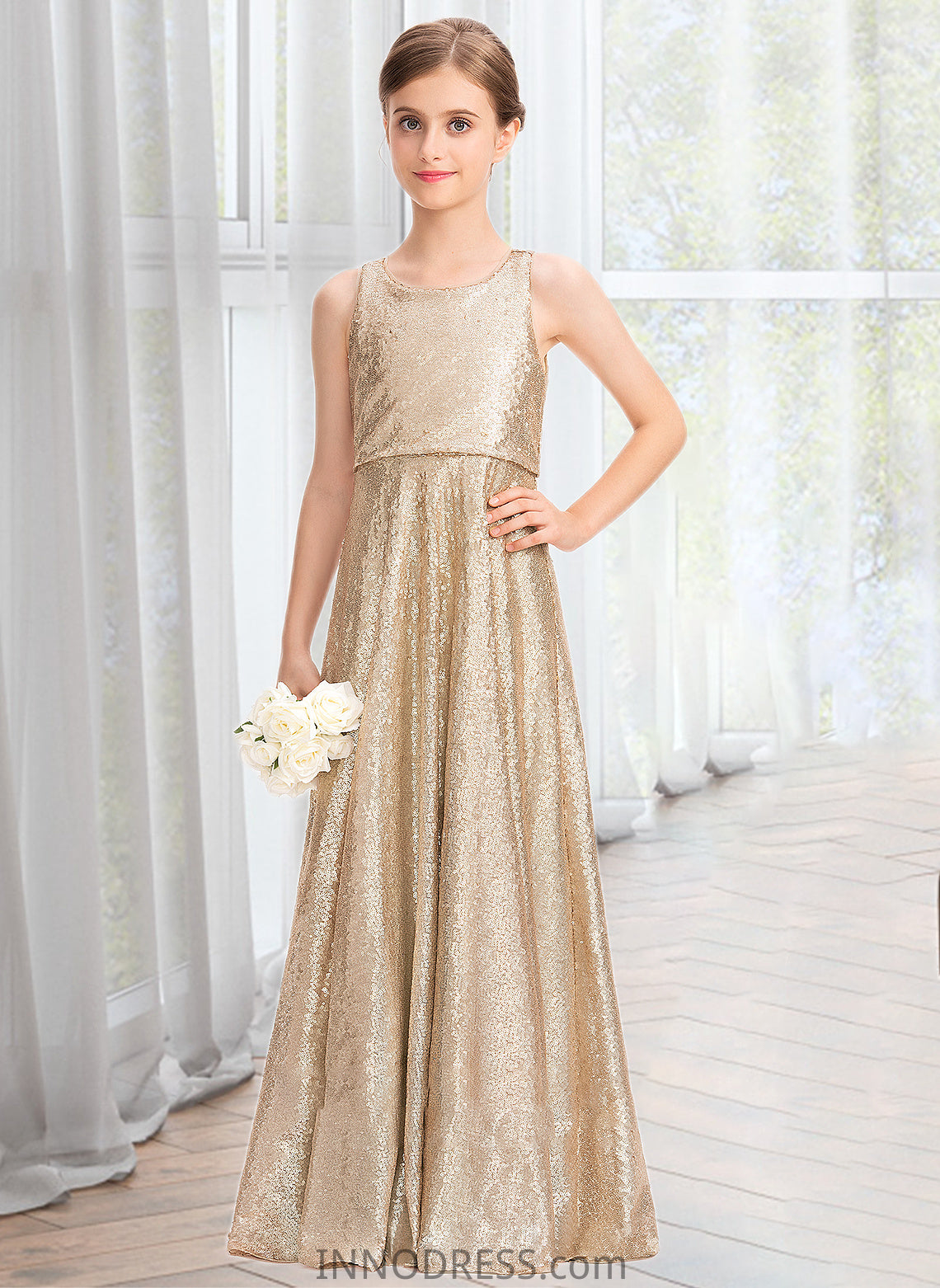 Jaylene A-Line Scoop Neck Floor-Length Sequined Junior Bridesmaid Dress DPP0013495