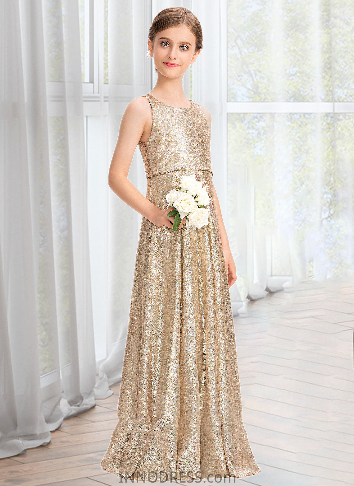 Jaylene A-Line Scoop Neck Floor-Length Sequined Junior Bridesmaid Dress DPP0013495