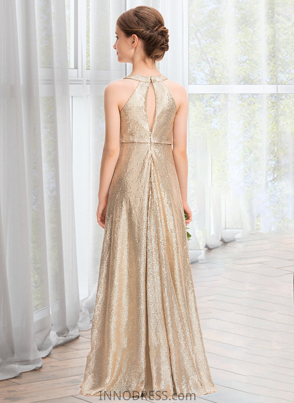 Jaylene A-Line Scoop Neck Floor-Length Sequined Junior Bridesmaid Dress DPP0013495