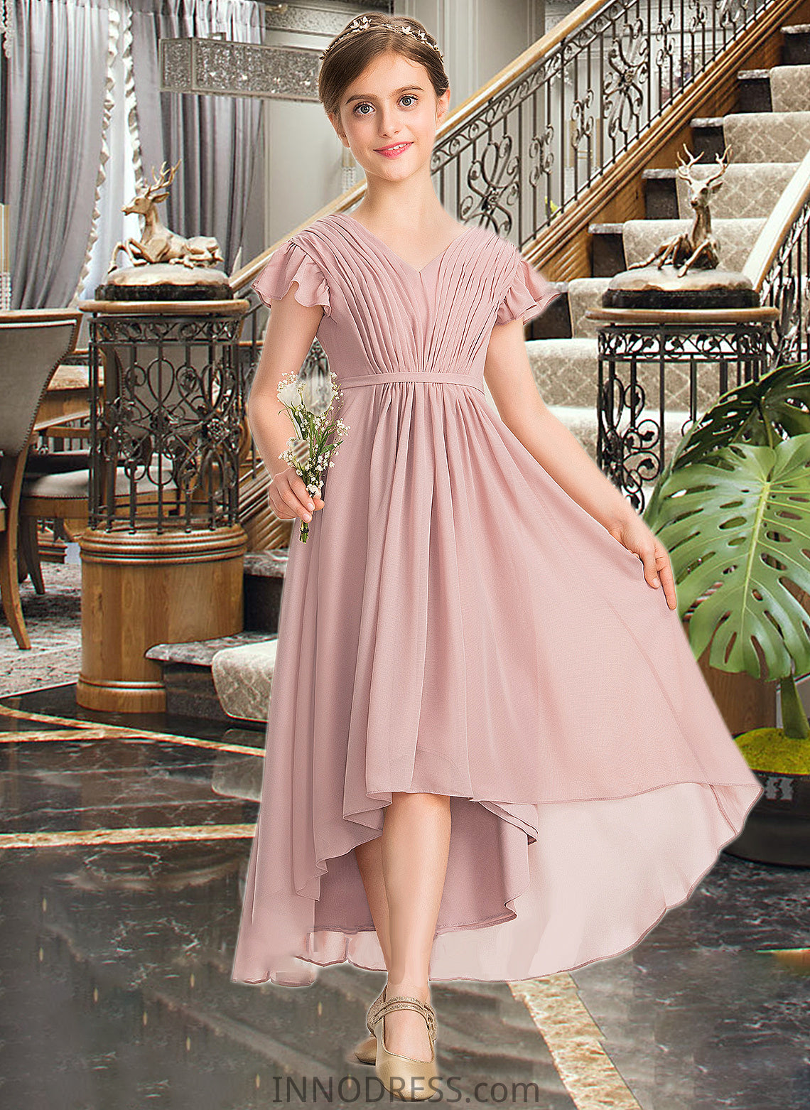 Alondra A-Line V-neck Asymmetrical Chiffon Junior Bridesmaid Dress With Bow(s) Cascading Ruffles DPP0013496