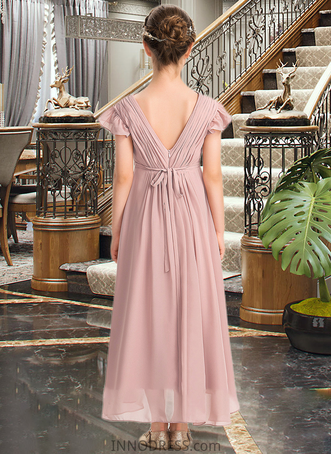 Alondra A-Line V-neck Asymmetrical Chiffon Junior Bridesmaid Dress With Bow(s) Cascading Ruffles DPP0013496