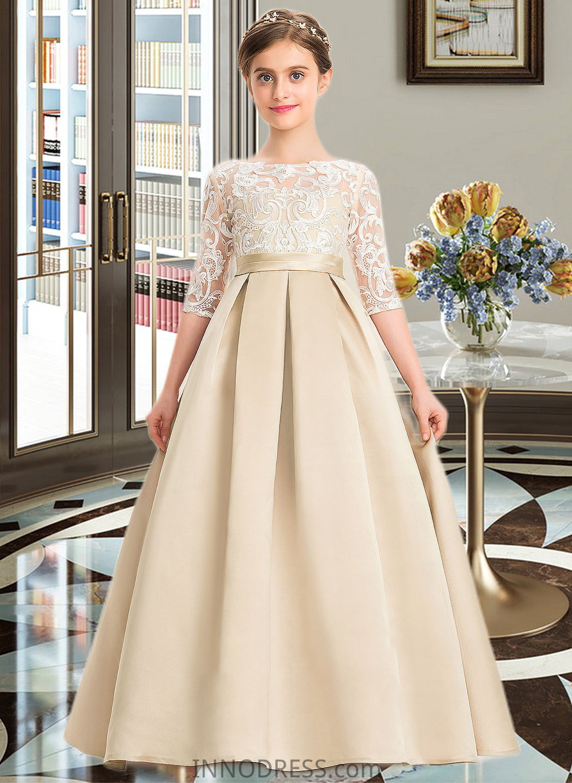 Marin Ball-Gown/Princess Scoop Neck Floor-Length Satin Lace Junior Bridesmaid Dress DPP0013498